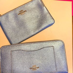 Coach Wallet & Clutch. NWOT . Metallic steel Blue. Very attractive!